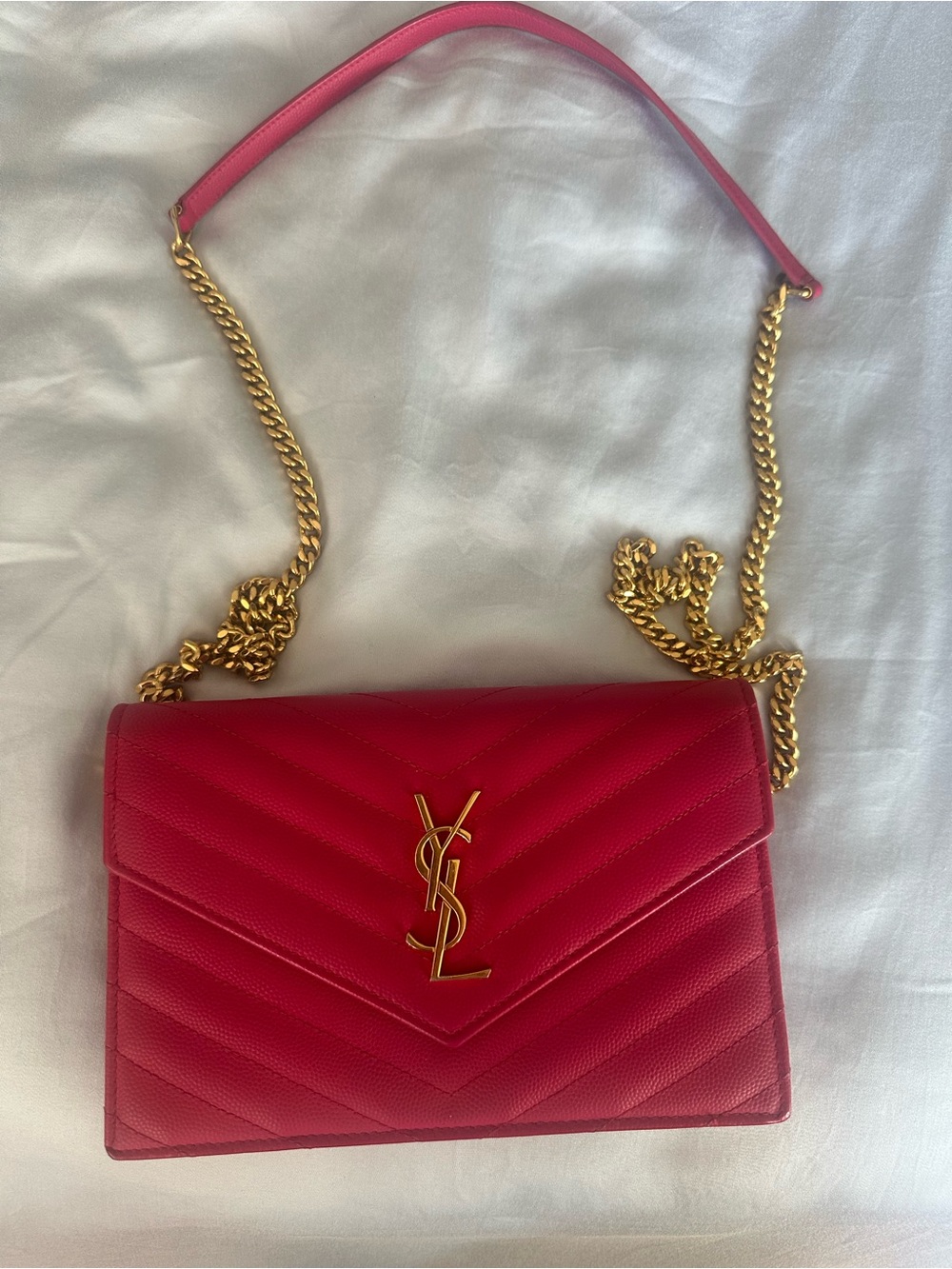 YSL CASSANDRE ENVELOPE CHAIN WALLET IN LAMBSKIN-Hot Pink - Picture 1 of 13